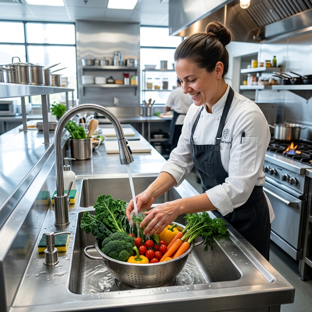 Chef profesional en una cocina moderna lavando verduras frescas orgánicas bajo el grifo de agua