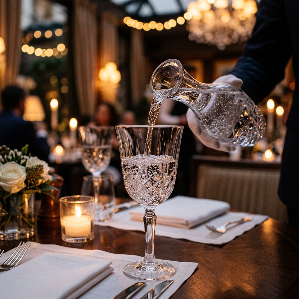 Servicio en mesa de agua purificada Kangen en un restaurante de lujo