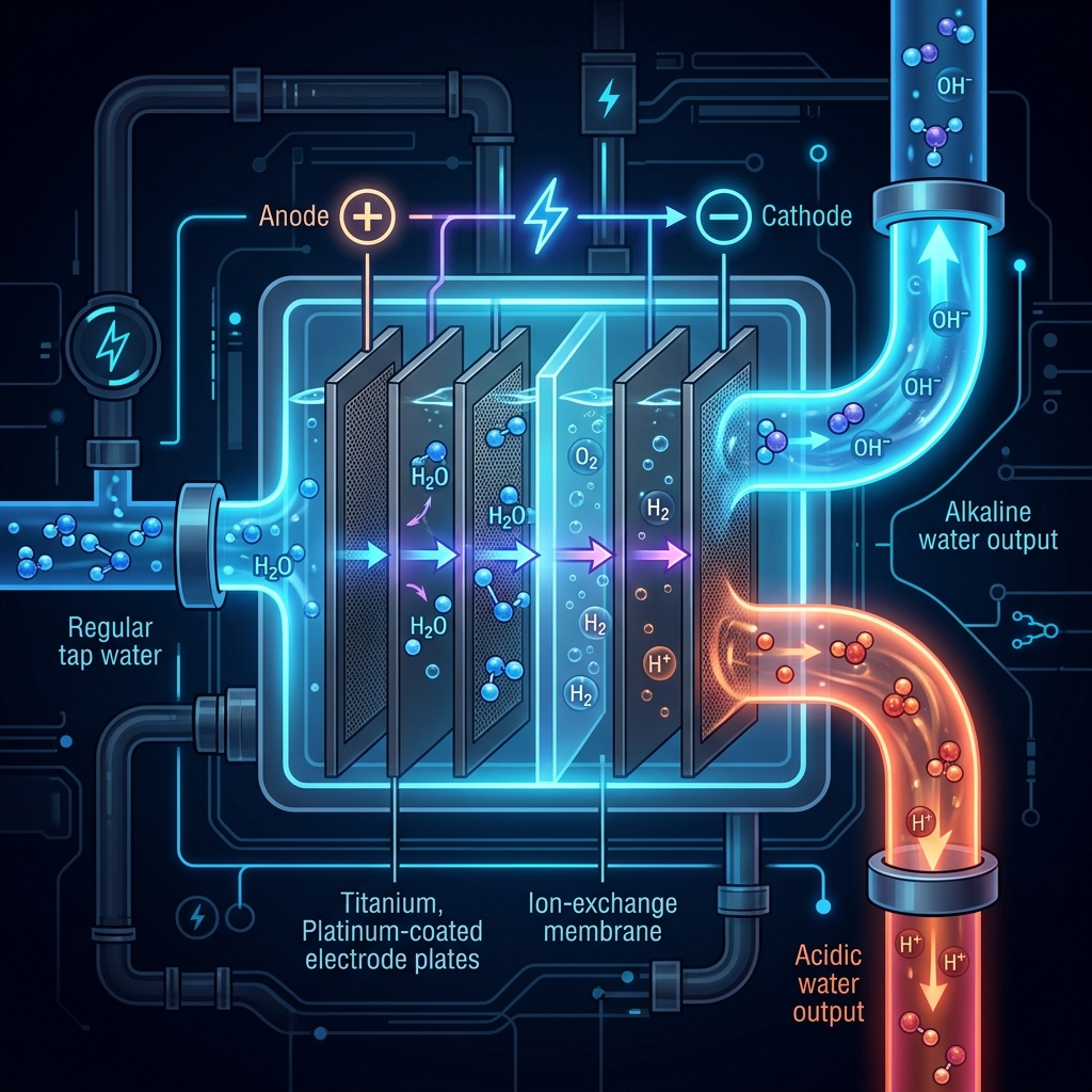 Diagrama del proceso de electrólisis del agua Kangen
