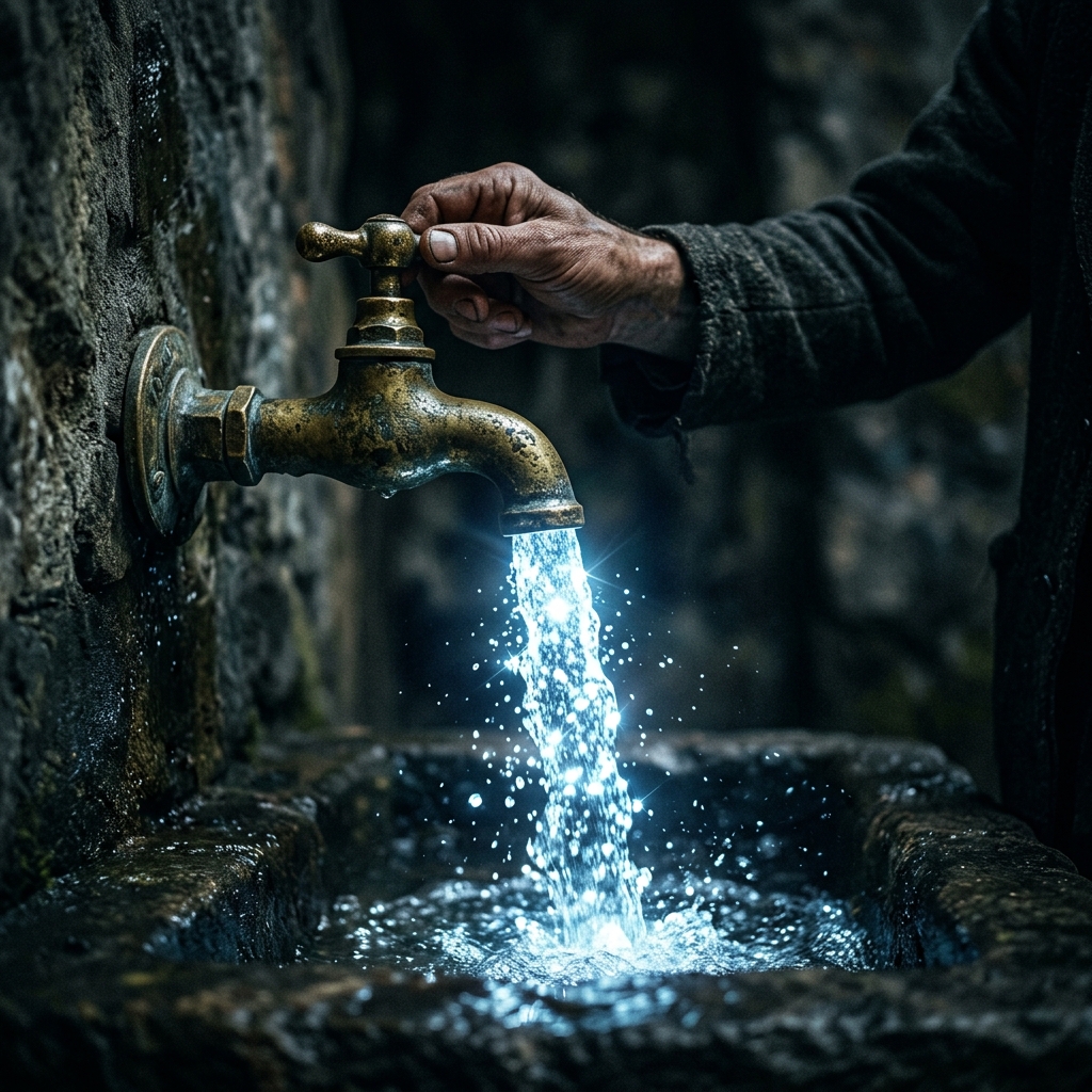 Mano antigua abriendo un grifo del que mana agua brillante y pura, simbolizando el elixir de la vida