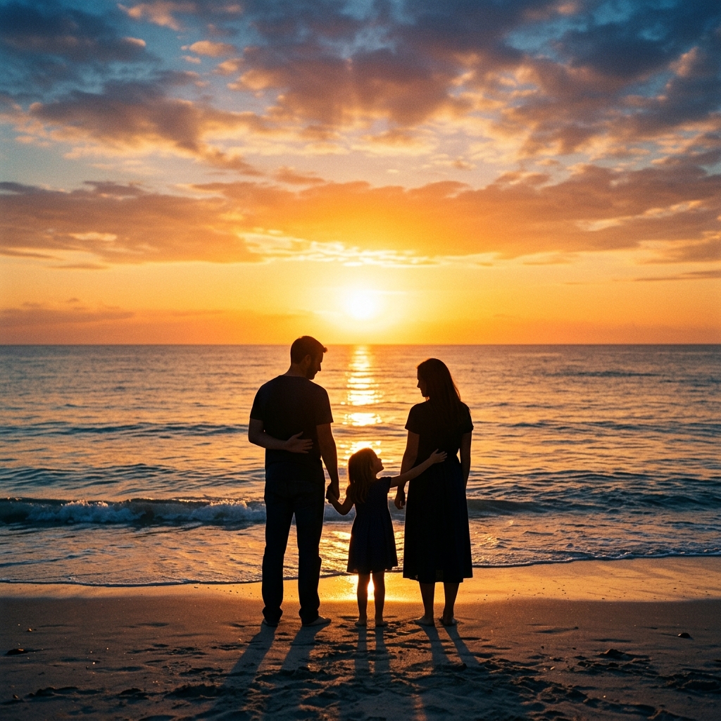 Familia mirando un amanecer épico, simbolizando salud y legado
