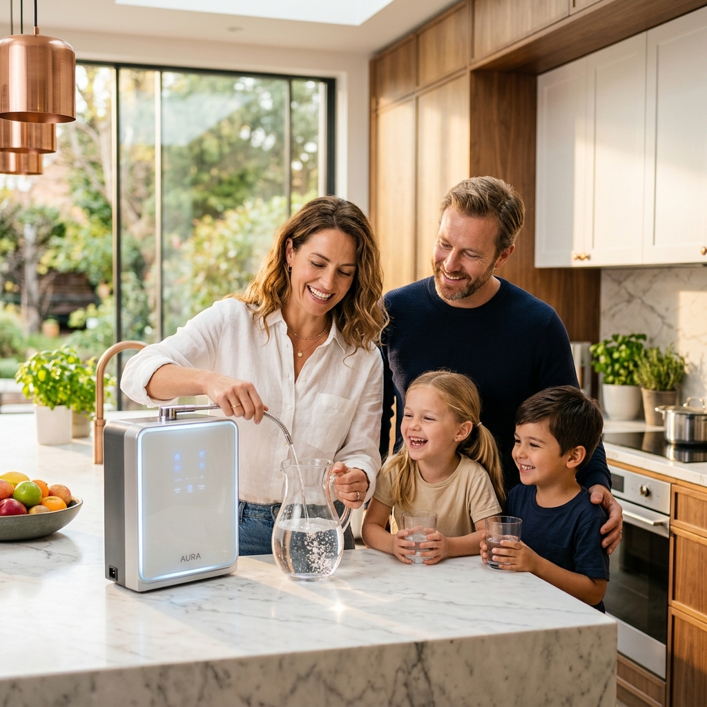 Familia disfrutando del Agua Kangen en su cocina
