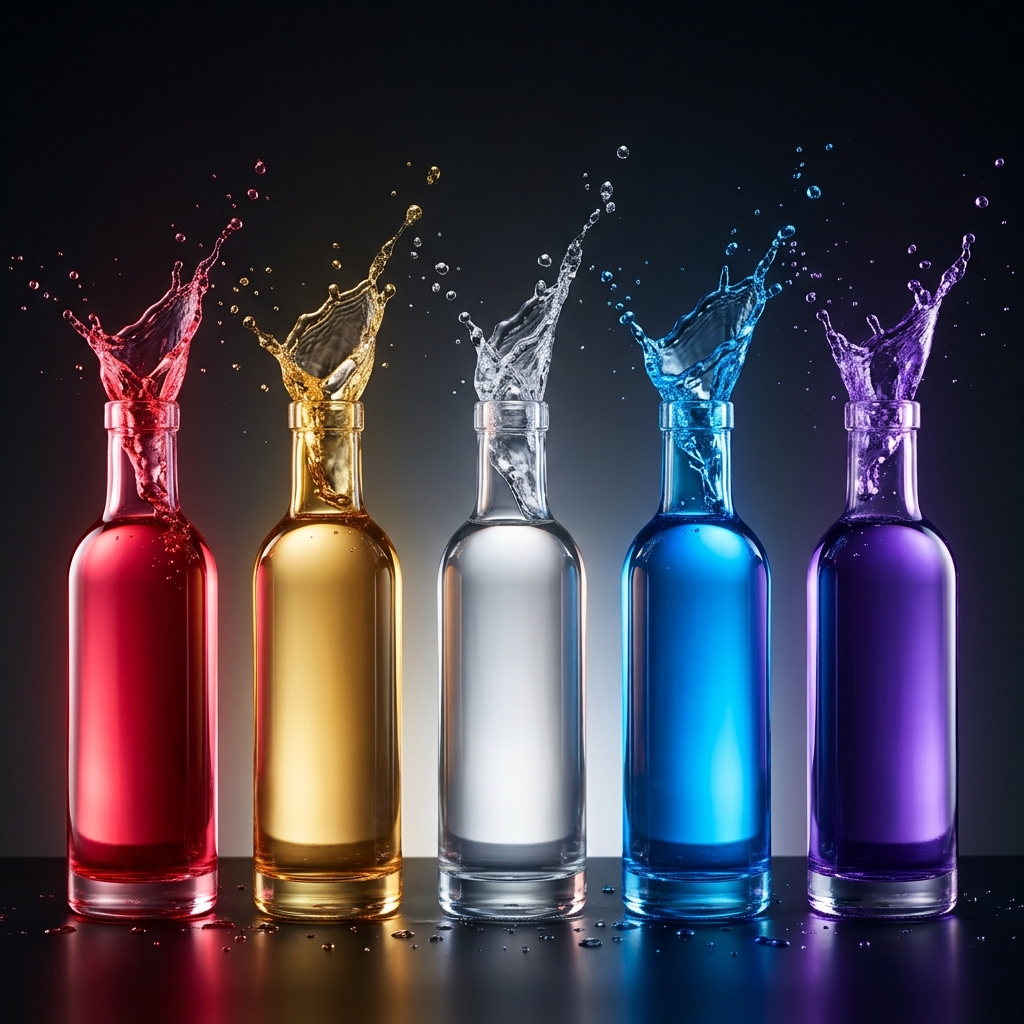 Los 5 tipos de agua Kangen representados por botellas de colores