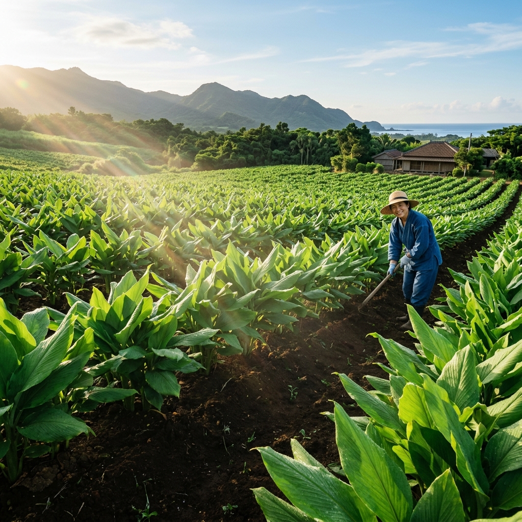 Campos de cúrcuma Ukon en Okinawa Japón, agricultura ecológica
