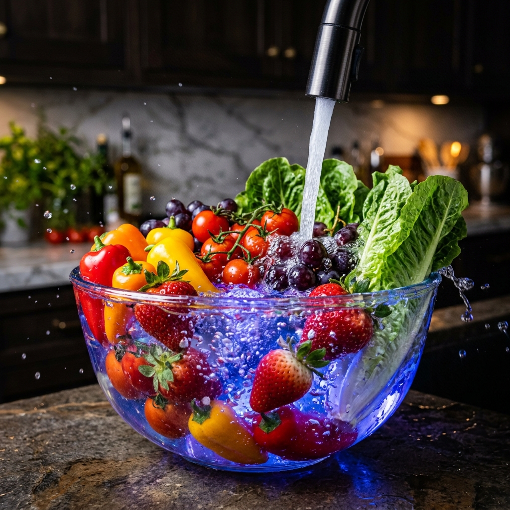 Frutas y verduras siendo lavadas con agua alcalina pH 11.5